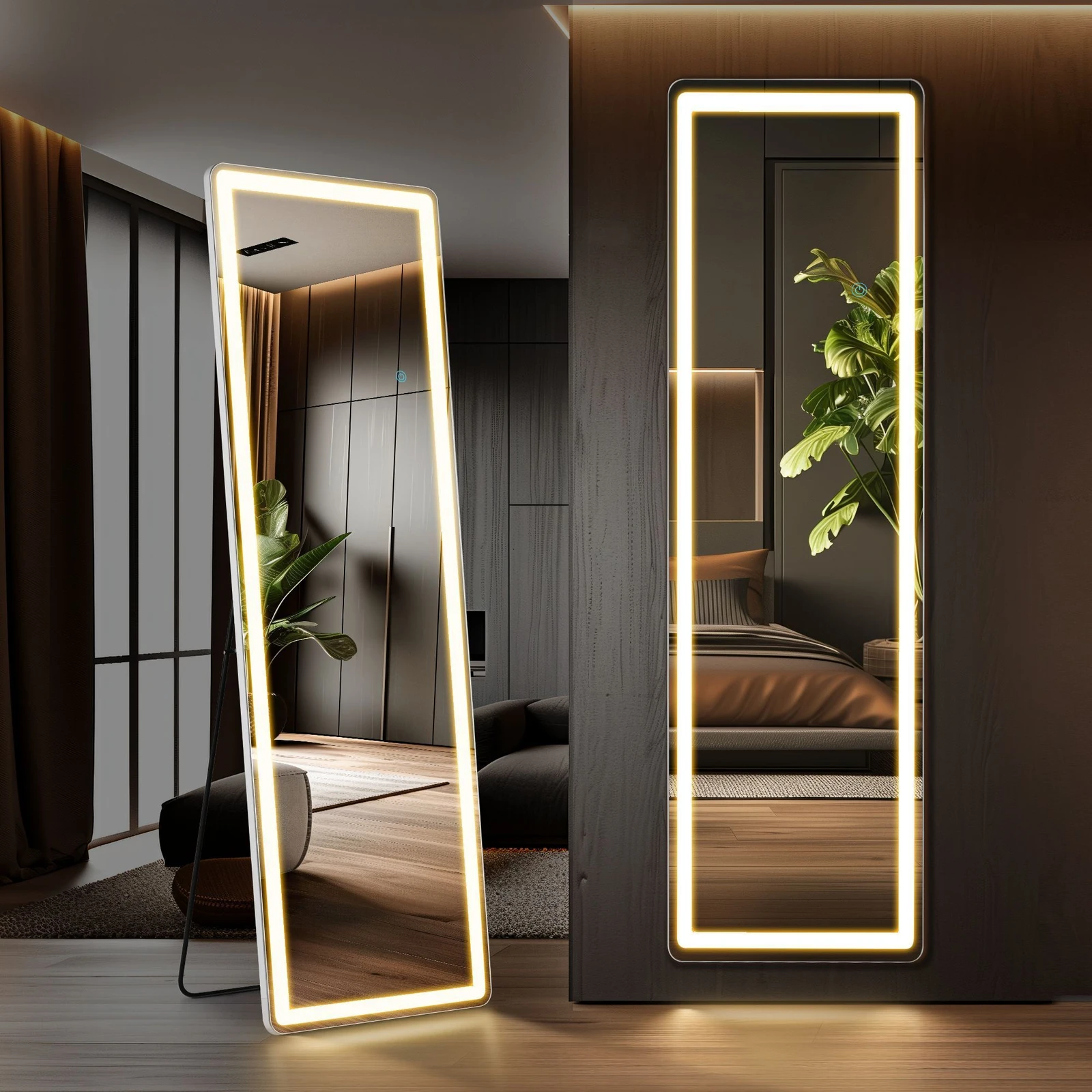 3 Color Lighting Mirror with LED Lights, 64"x21" Lighted Floor Standing Mirror with Stand, Wall Mounted Hanging