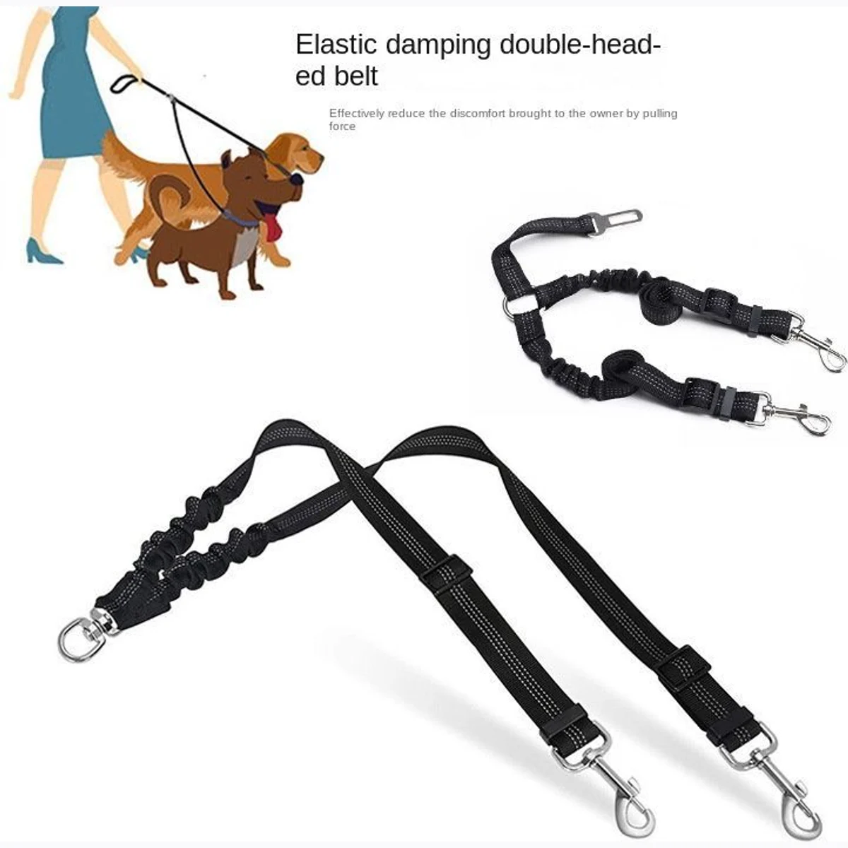 Dog Double Leashes - No Tangle Dog Leash Coupler; Comfortable Shock Absorbing Reflective Bungee Lead for Nighttime Safety