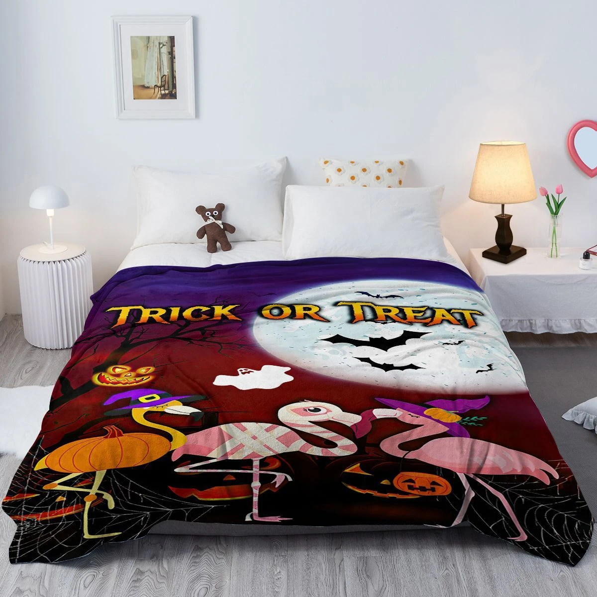 Halloween Flamingo Flannel Fleece Throw Blanket Spider Webs Witch Black Bats Tree Pumpkins Blanket Soft Gost Skull Fall Decor