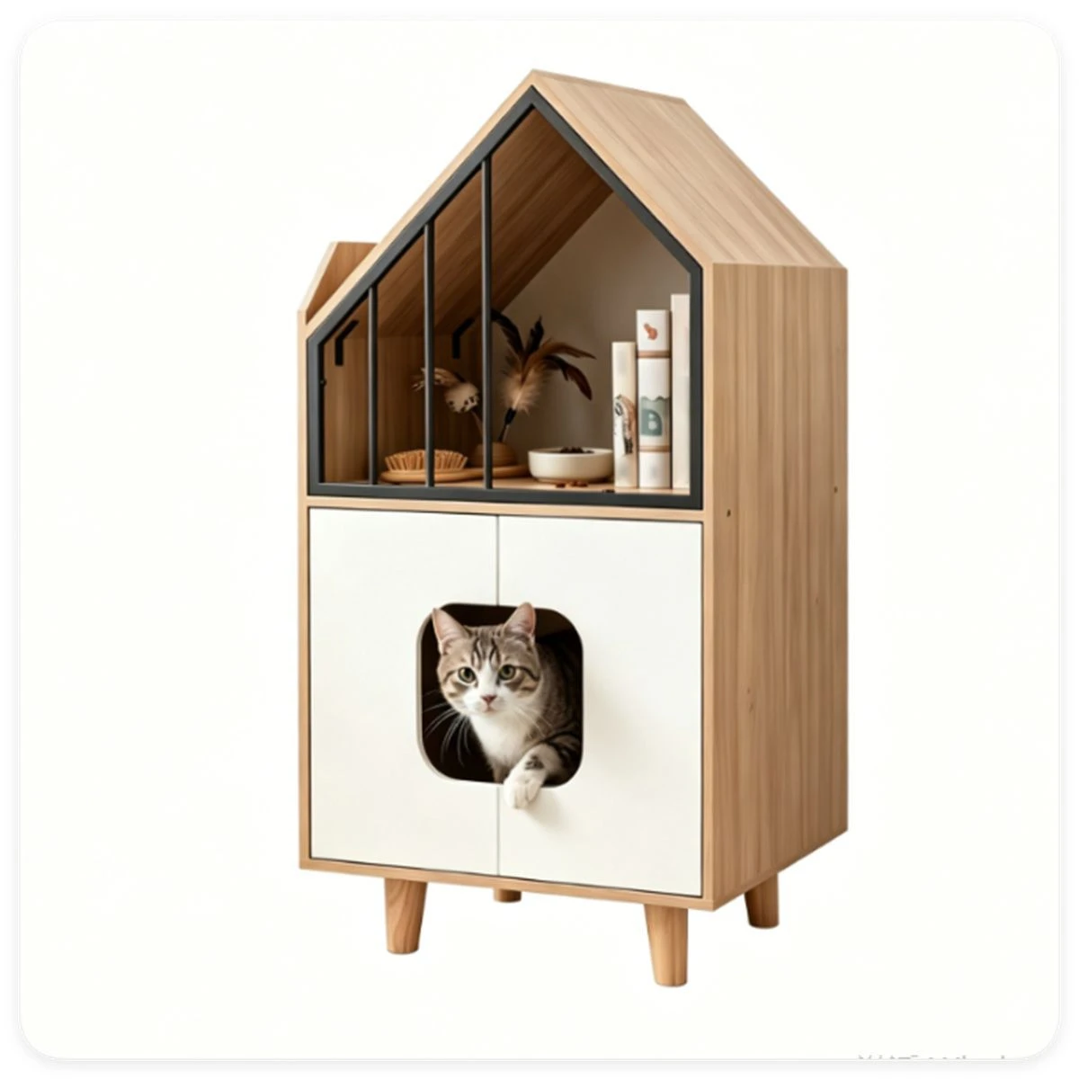 Natural & White Hidden Cat Litter Box Furniture, Elevated Cat Lounge Top Enclosed Cat Washroom Cabinet with Raised Legs for Living Room Bedroom Apartment
