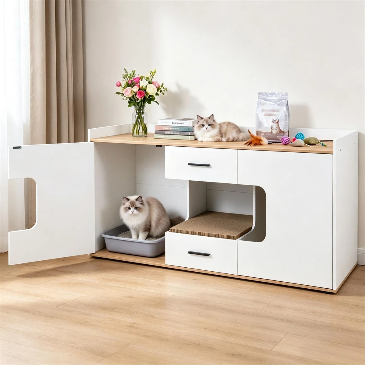 Large Cat Litter Box Enclosure Furniture with Storage Drawers & Built-In Scratching Board, Hidden Cat Washroom Cabinet with Anti-Tipping Kit for Living Room Bedroom
