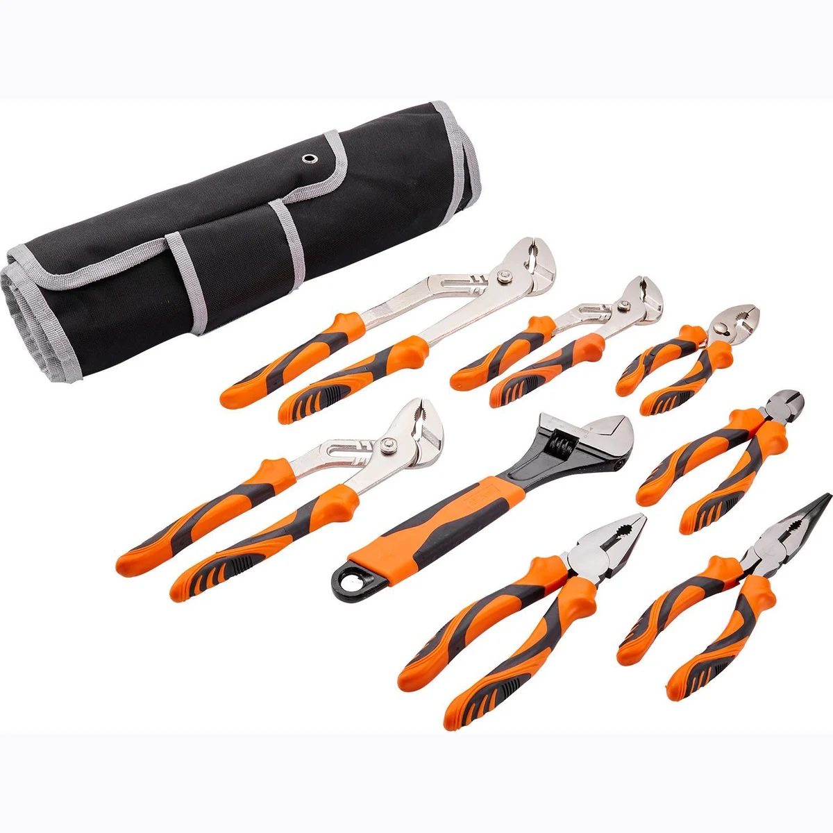 8-Piece Pliers Set, High Carbon Steel, 12"/10"/8" Groove Joint Pliers, 8" Linesman's Pliers, 6" Slip Joint Pliers, 8" Long Nose Pliers, 6" Diagonal Cutter, 10" Adjustable Wrench, and Tool Bag