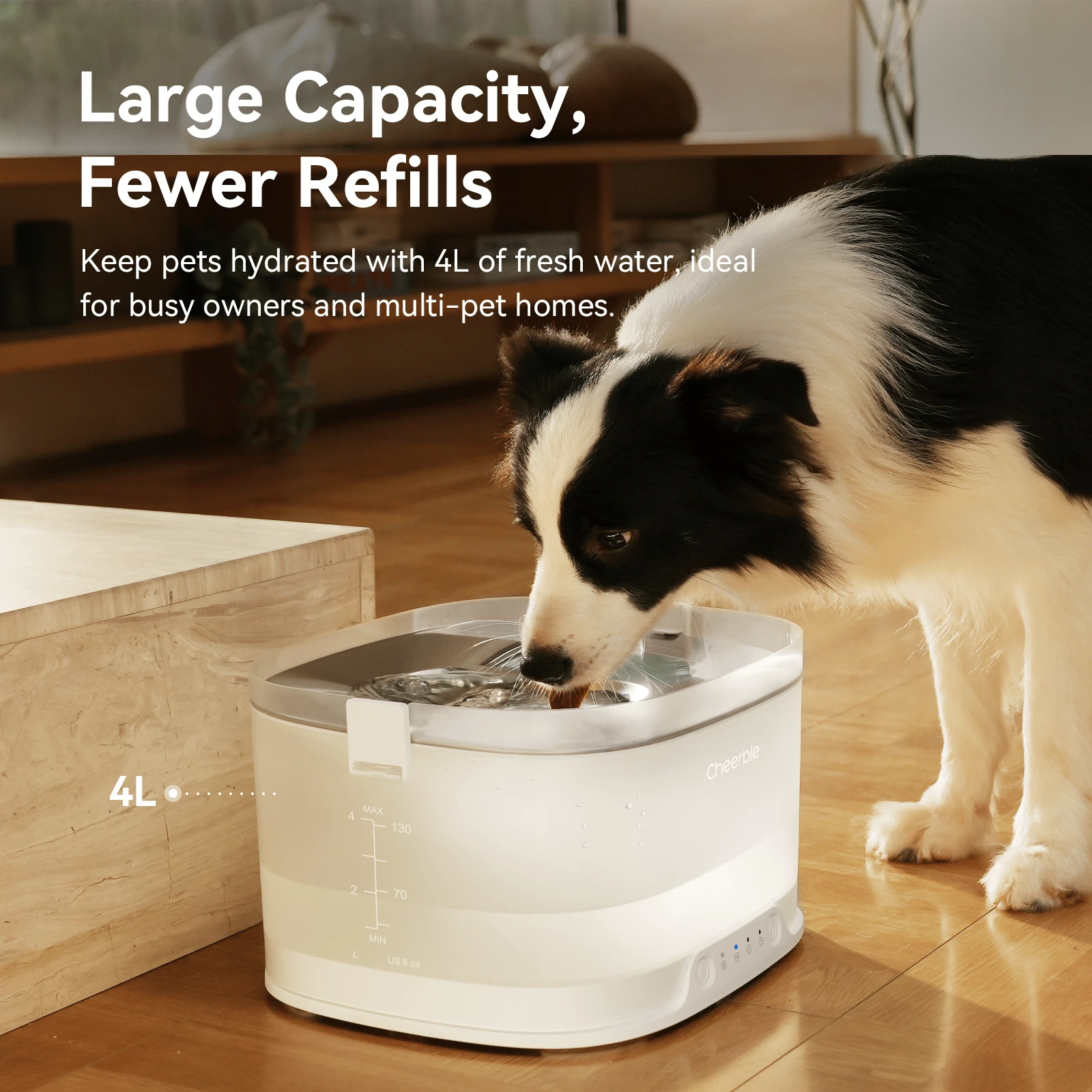 Cheerble Pumpless Dog Water Elfin Fountain, Wireless Pet Fountain Battery Operated, 4L/135 oz D1 Pro Automatic Water Dispenser for Dogs MagDrive™ Technology Stainless Steel Tray, No Cleaning Hassle