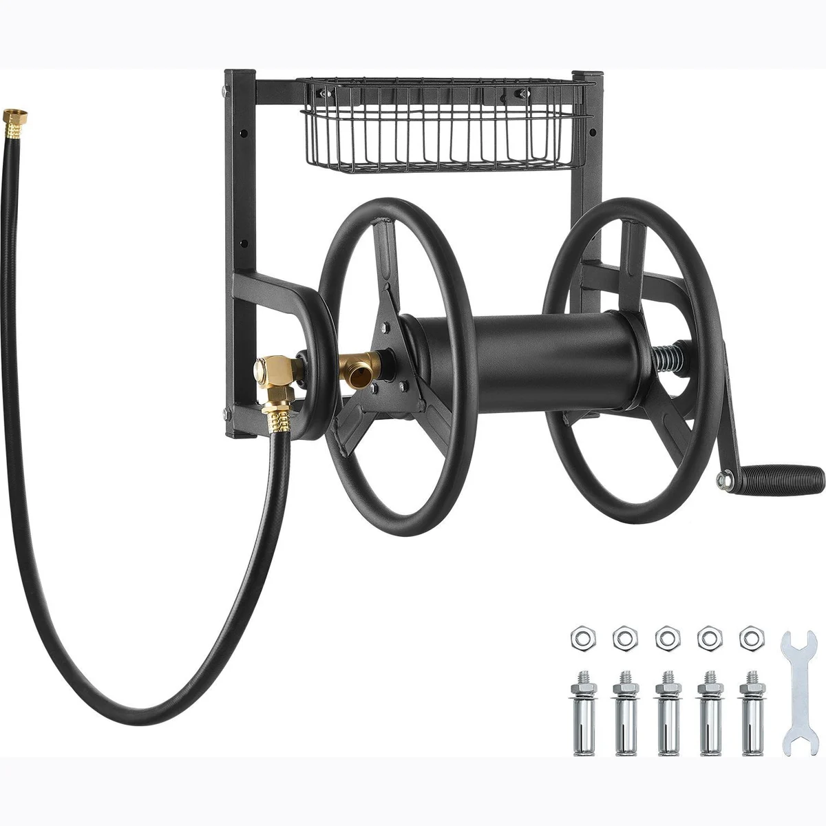 Wall Mounted Garden Hose Reel, Holds 125 ft 5/8-inch Hose, Heavy-Duty Water Hose Winder, Space-Saving Design, Outdoor Manual Reel with Brass Fitting and Storage Basket for Yard Lawn