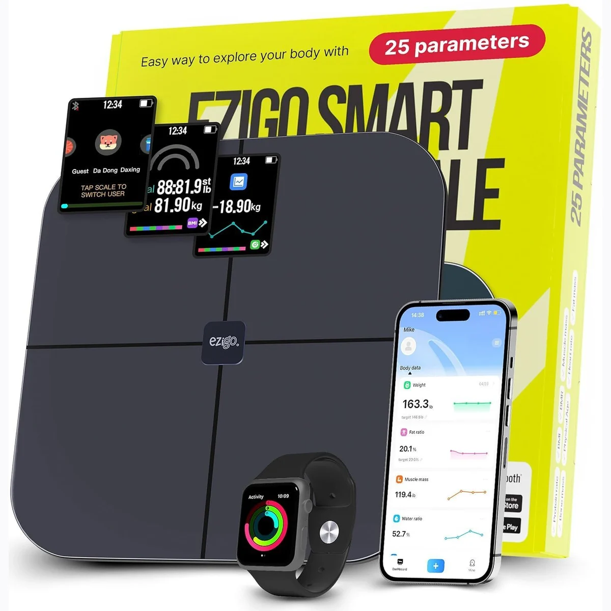 25 Metrics EziGo White Digital Bathroom Smart Scale with BMI, Body Fat, Muscle Mass, Bluetooth, Apple Health Compatible Scales, Digital Weight Composition Scale & Body Fat Mass, Up to 400lb/180 kg