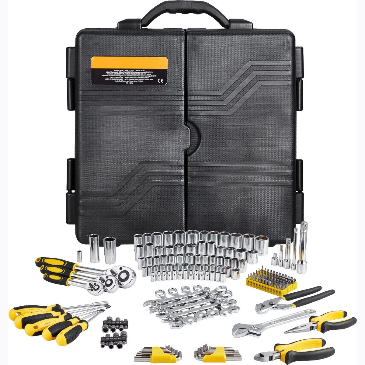 207-Piece Mechanics Tool Set, 1/4" 3/8" 1/2" Drive Sockets, SAE and Metric Mechanic Tool Kit with Bits, Wrenches, Ratchet Handle, Accessories, and Plastic Storage Case, for Automotive Repair