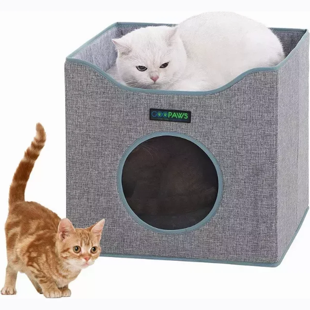 JESPET Foldable Cat Condo, Cat Cube House & Sleepping Bed with Lying Surface and 2 Reversible Cushions, Cat Hiding Place, Cat Cave, Linenette Fabric, Felt and Engineered Wood, Scratch Resista