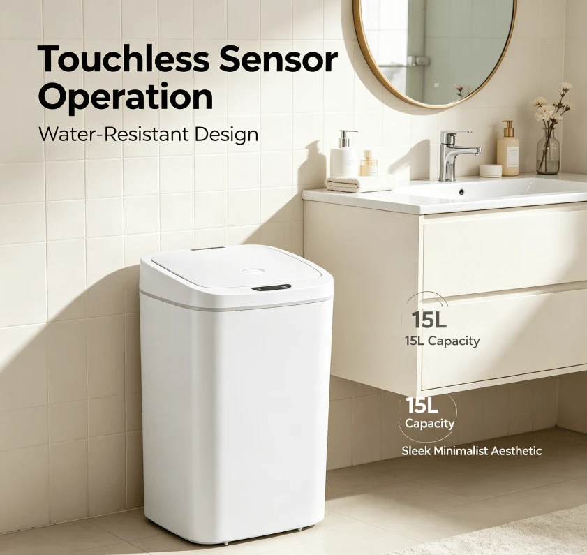 10L Touchless Automatic Sensor Trash Can, Water Resistant Tall Garbage Bin, Sealed Odor Proof Waste Container with Sleek Minimalist White Design for Kitchen Bathroom Home Office Indoor Use