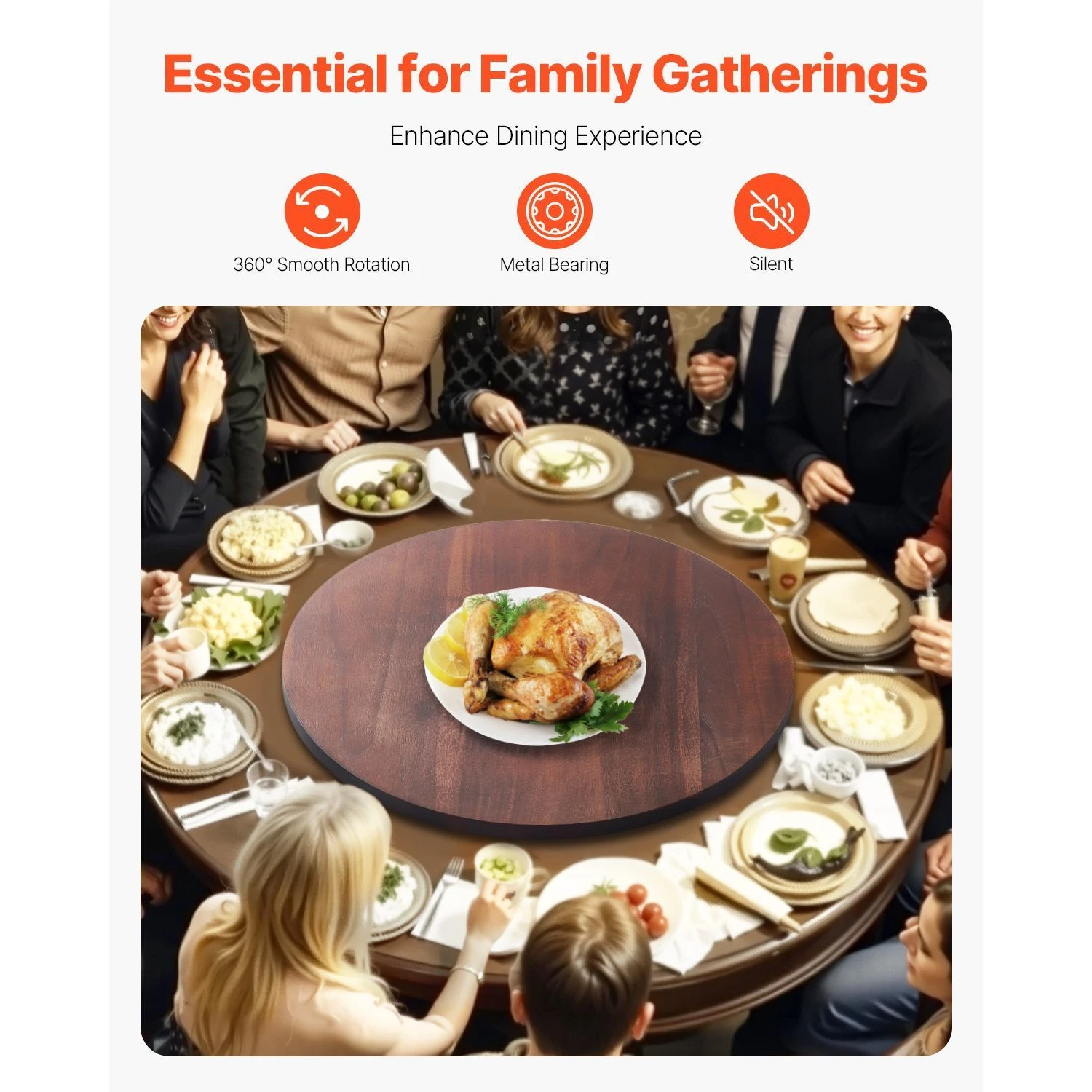 24 in Wood Lazy Susan Turntable, 360° Rotation Round Clear Tabletop Rotating Tray, Acacia Wood Dining Table Centerpiece, Smooth and Silent Spin, for Family Gatherings, Banquets and Weddings