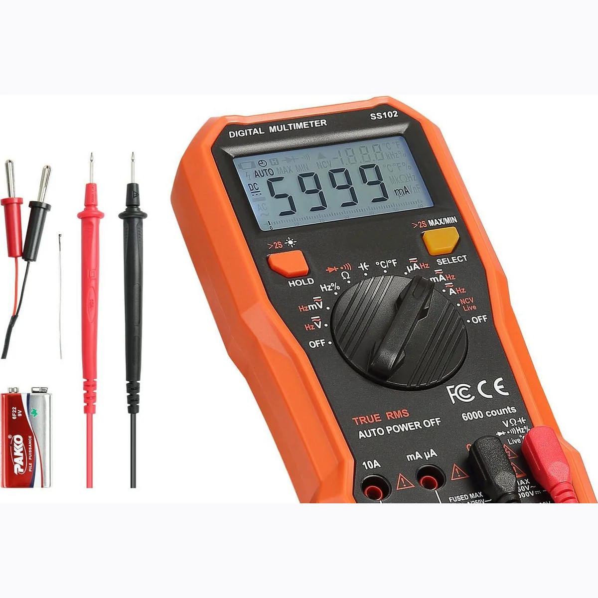 Digital Multimeter, 6000-Count TRMS DC/AC Voltmeter Current Tester, Professional NCV Multimeter for Current Voltage Resistance Capacitance Duty-Cycle Tempetature Diodes Continuity Live Wire Test