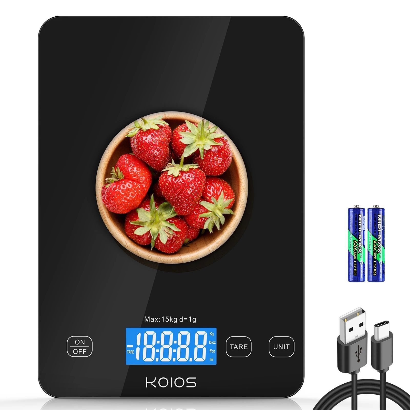 KOIOS Food Scale, 33lb/15kg Digital Kitchen Scale Grams and Ounces for Cooking Baking, 1g/0.1oz Precise Graduation, Type-C Charging, Tare Function, AAA Battery Included(Black)