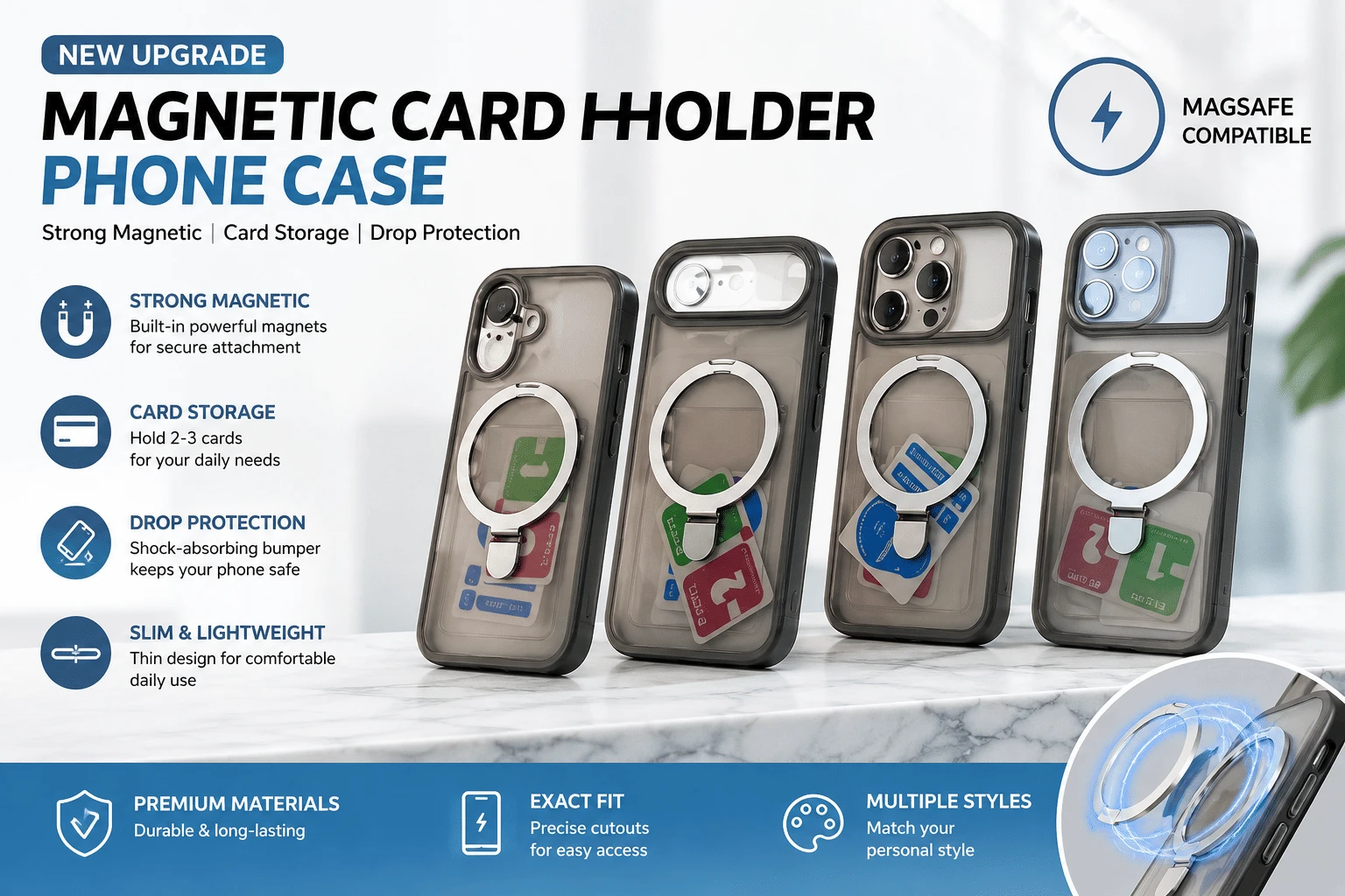 Slim Translucent Magnetic Phone Case with Built-in Ring Kickstand, Card Pocket Holder, Heavy Duty Drop Protection for 17 Series
