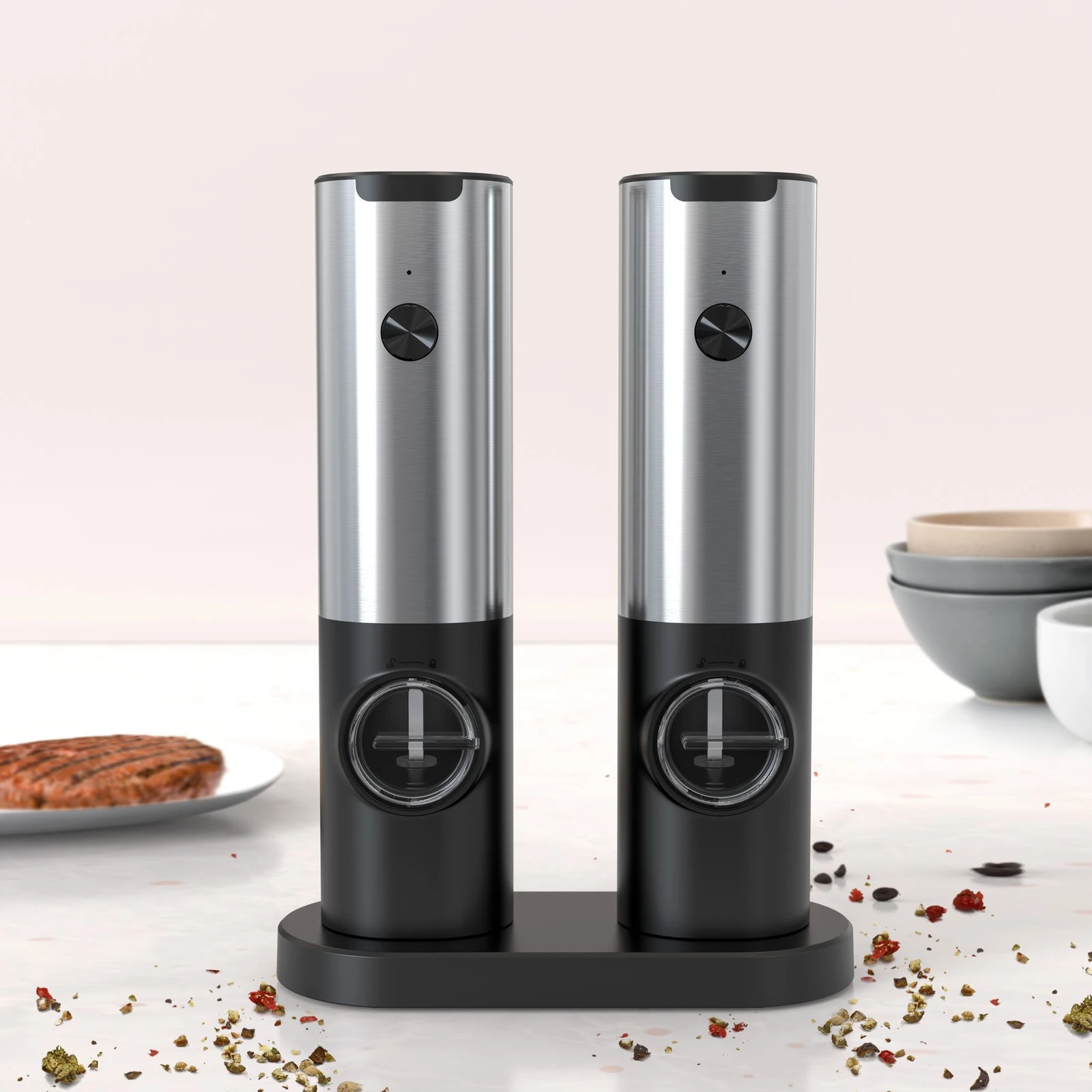 Electric Salt & Pepper Grinder Set,  USB-C Rechargeable with LED Light & Charging Dock, 5 Adjustable Coarseness Settings, One-Touch Automatic Mills for Kitchen, Dining, and Gifts