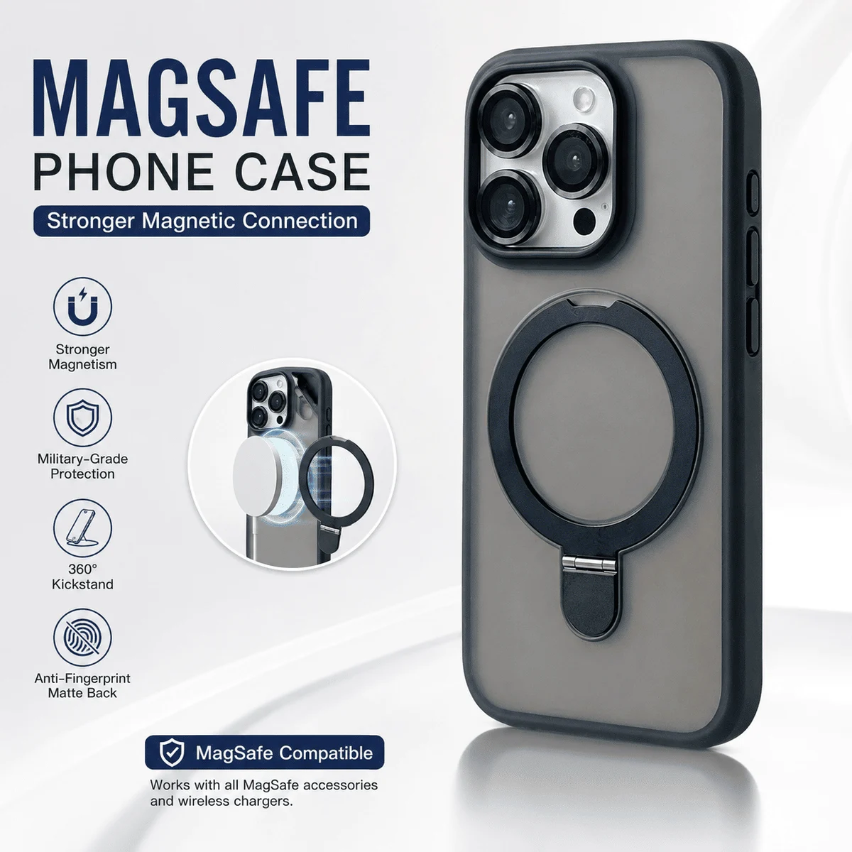 Shockproof Magnetic Phone Case with Kickstand, Strong Magnets for Secure Attachment, Matte Back Protective Case for Daily UseCompatible with  iPhone 11 through iPhone 16 Plus