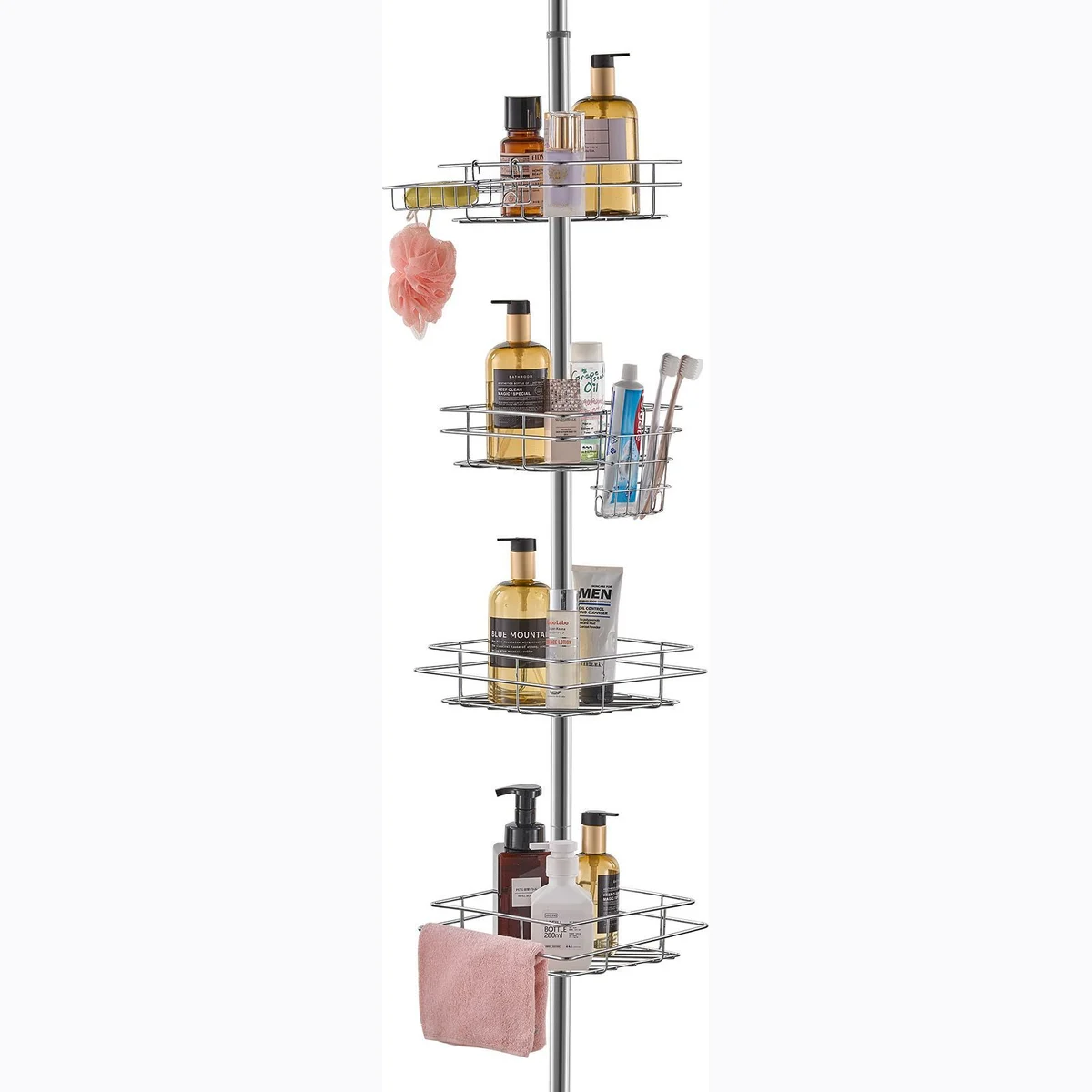Shower Corner Caddy Tension Pole, 42" to 114" High, Multi-Functional Shower Tension Pole with Strong Load-Bearing Tray, Rust-Proof Easy-to-Install Tension Pole, Fit for Bathroom & Washroom