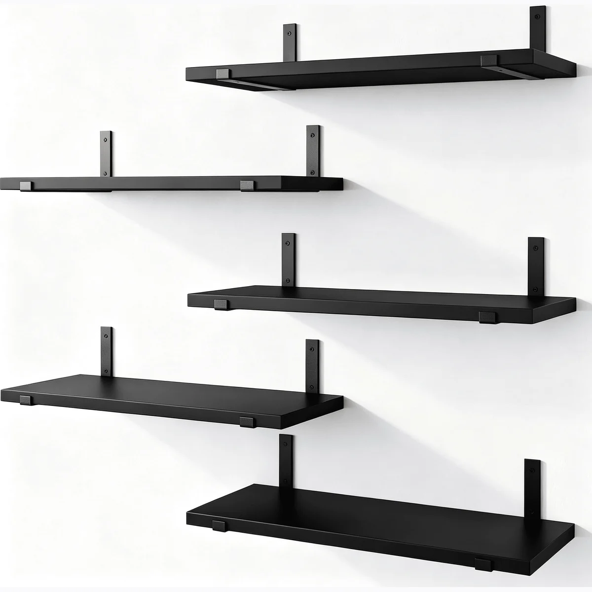 5-Tier Floating Shelves Wall Mounted, Black Wood Wall Shelves Set of 5 Same Size, Rustic Storage Shelf with Metal Brackets for Bedroom, Living Room, Bathroom, Kitchen, Holds up to 43lbs Each