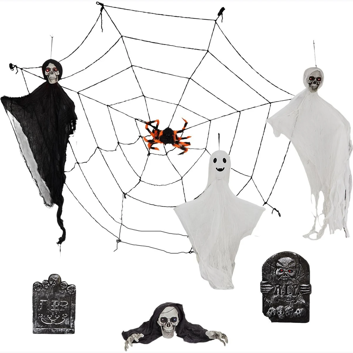 Outdoor Halloween Decorations 8-Piece Set, Hanging Ghosts Decor and Cobweb and Gravestone with Lighted Up Eyes, Scary Swinging Ghost Flying for Yard Patio Lawn Garden