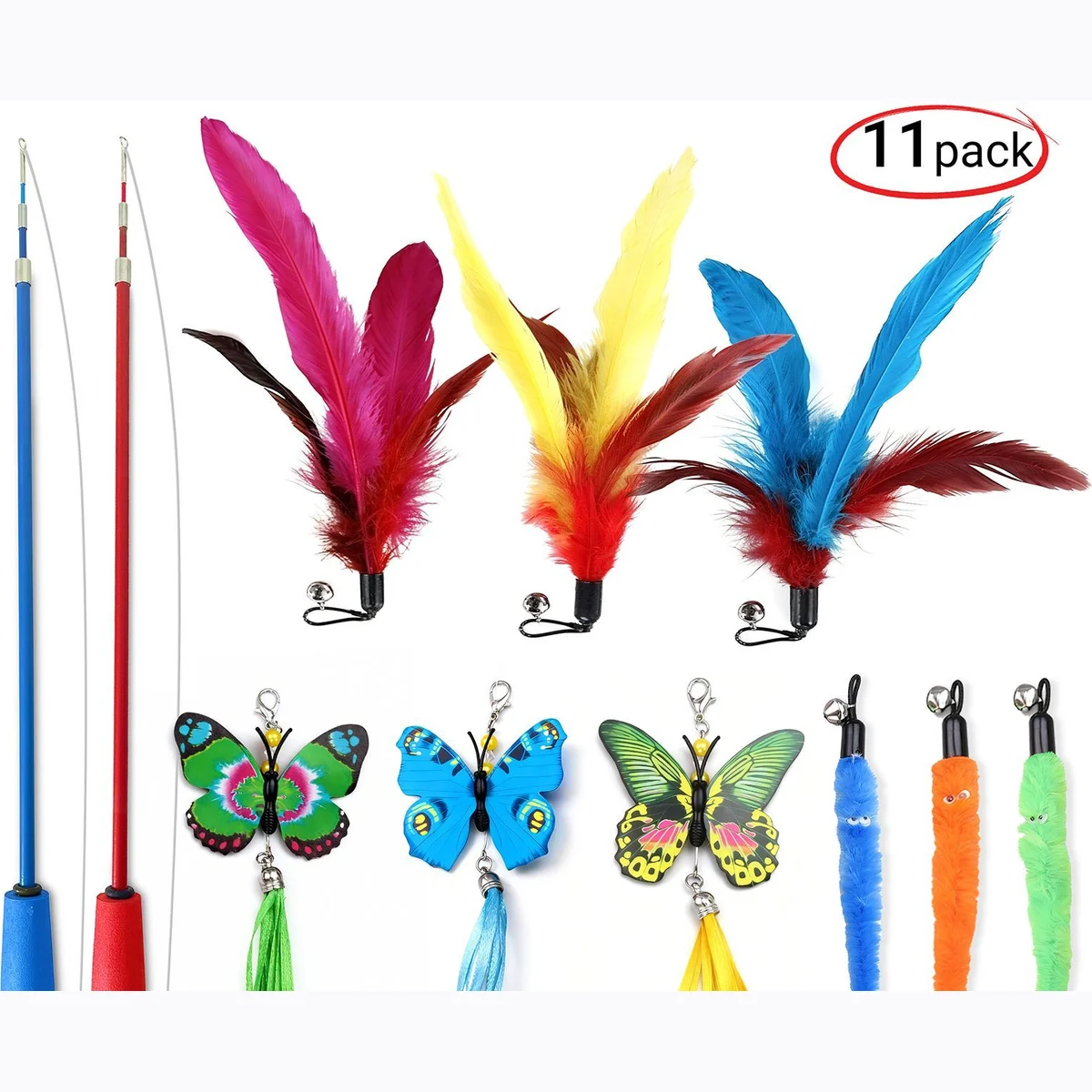 11-Pack Retractable Cat Wand Toys (15'-39'), Interactive Cat Toys for Indoor Cats